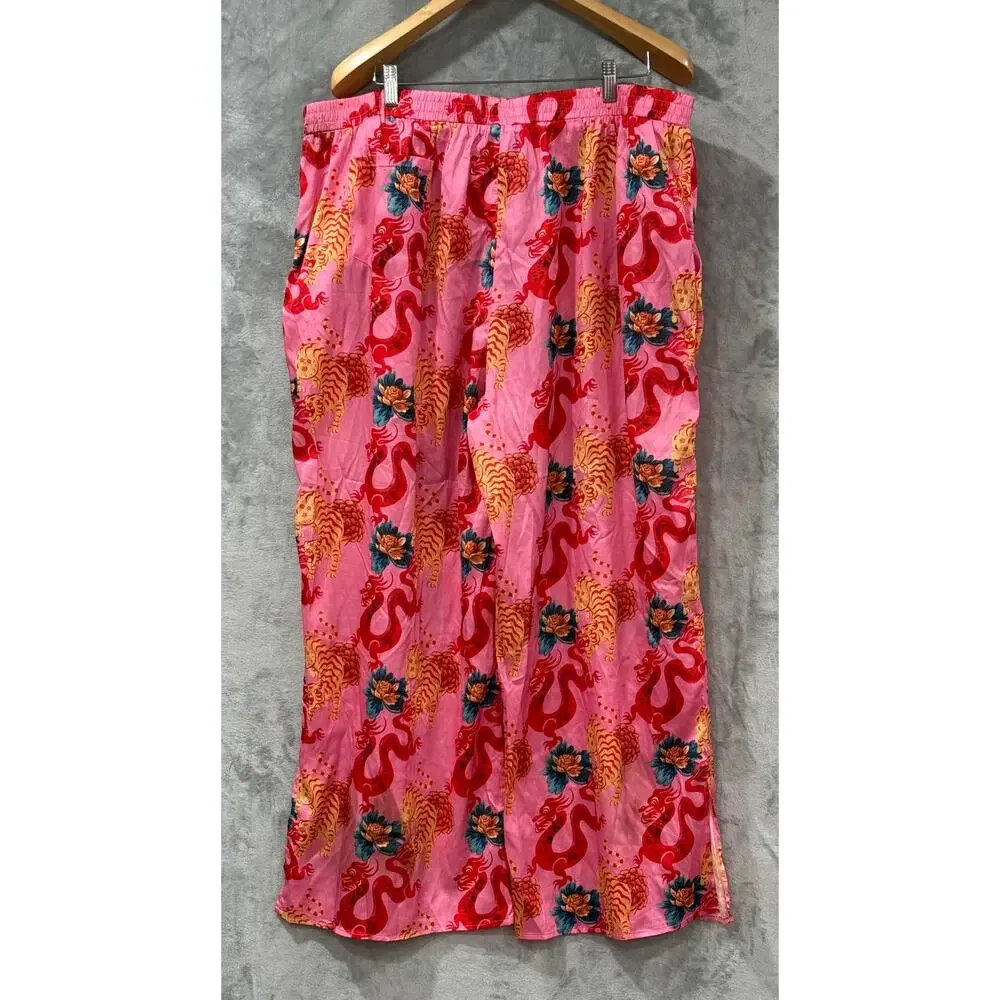 Dressed in LALA Year of the Dragon Satin Wide Leg Pants Dragon Tiger Women's 3XL